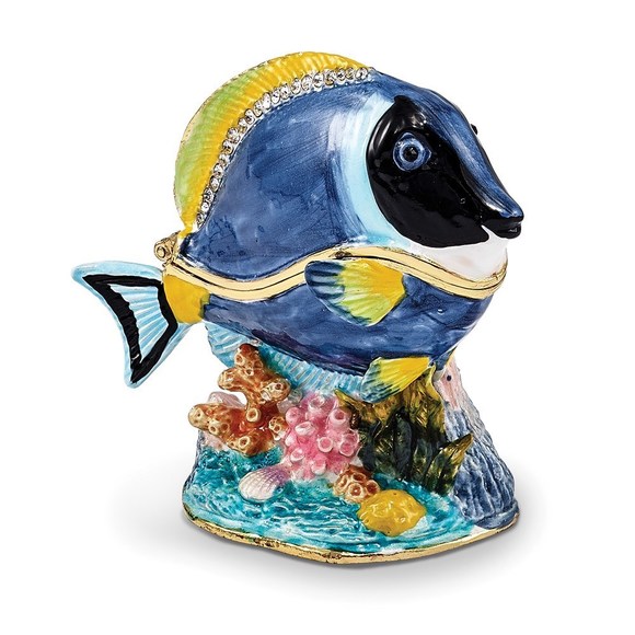 Pewter Bejeweled Crystals Enameled BLAKE Blue Tang Fish Trinket Box